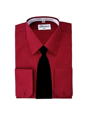 Berlioni Italy Solid Mens Dress Shirt Italian French Convertible Cuff Black